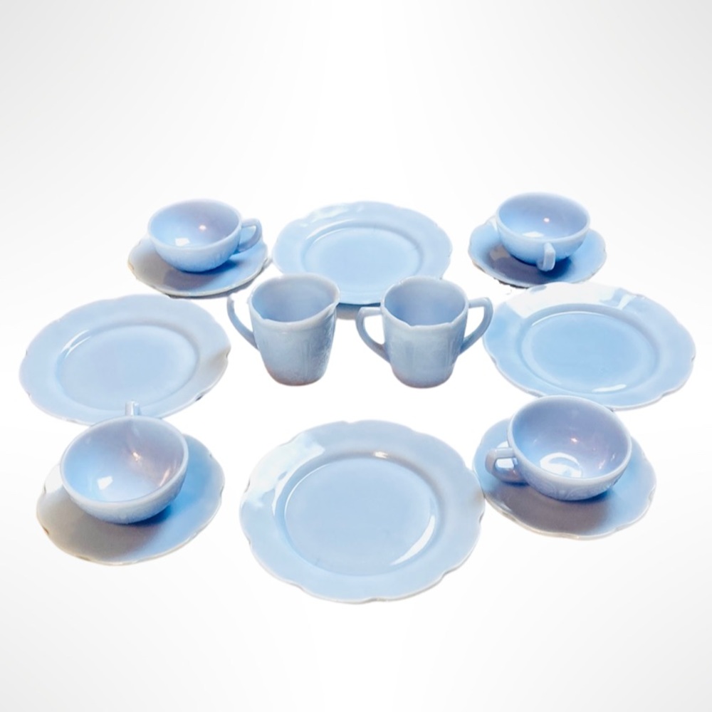 Complete 1930s Vintage Jeannette Cherry Blossom Delphite Blue 14 Pc Child's Set - Picture 2 of 10